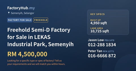 Freehold Semi-D Factory for Sale in LEKAS Industrial Park, Semenyih, 4,950 sqft