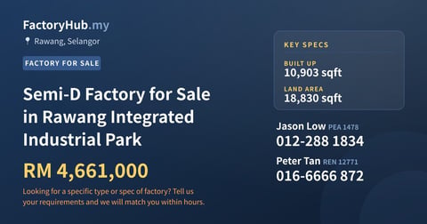 Semi-D Factory for Sale in Rawang Integrated Industrial Park, 10,903 sqft