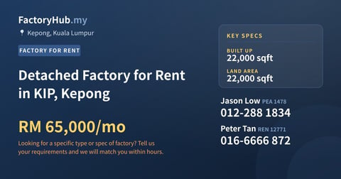 Detached Factory for Rent in KIP, Kepong, 22,000 sqft