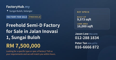 Freehold Semi-D Factory for Sale in Jalan Inovasi 1, Sungai Buloh, 9,573 sqft
