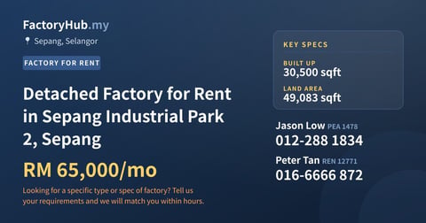 Detached Factory for Rent in Sepang Industrial Park 2, Sepang, 30,500 sqft
