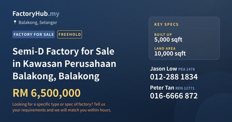 Semi-D Factory for Sale in Kawasan Perusahaan Balakong, Balakong, 5,000 sqft