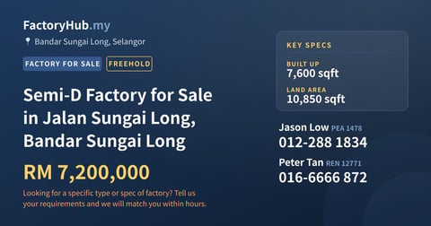 Semi-D Factory for Sale in Jalan Sungai Long, Bandar Sungai Long, 7,600 sqft