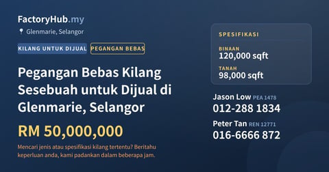 Pegangan Bebas Kilang Sesebuah untuk Dijual di Glenmarie, Selangor, 120,000 kaki persegi