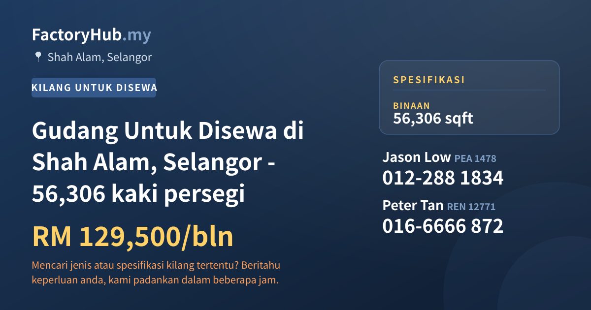 Kilang Untuk Disewa - Gudang Untuk Disewa di Shah Alam, Selangor - 56,306 kaki persegi - Shah Alam, Selangor