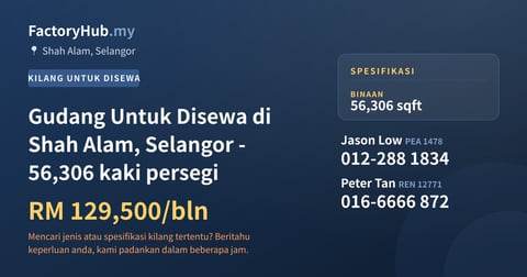 Kilang Untuk Disewa - Gudang Untuk Disewa di Shah Alam, Selangor - 56,306 kaki persegi - Shah Alam, Selangor