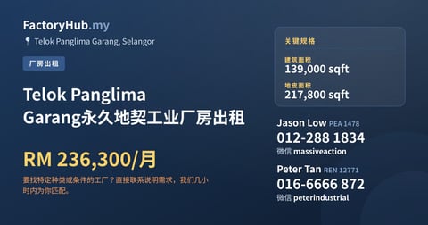 Telok Panglima Garang永久地契工业厂房出租，139,000 平方尺