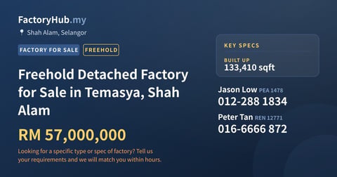 Freehold Detached Factory for Sale in Temasya, Shah Alam, 133,410 sqft