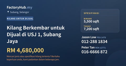 Kilang Berkembar untuk Dijual di USJ 1, Subang Jaya, 5,500 kaki persegi