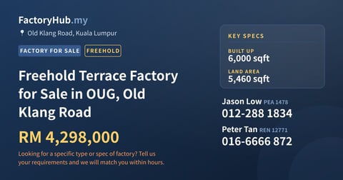 Freehold Terrace Factory for Sale in OUG, Old Klang Road, 6,000 sqft
