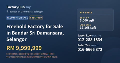Freehold Factory for Sale in Bandar Sri Damansara, Selangor, 5,000 sqft