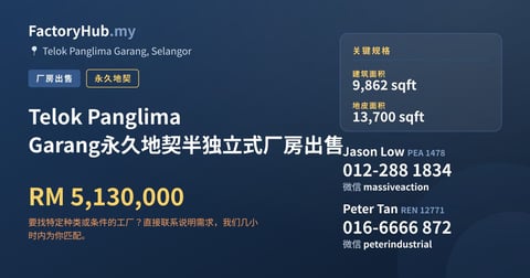 Telok Panglima Garang永久地契半独立式厂房出售，9,862 平方尺