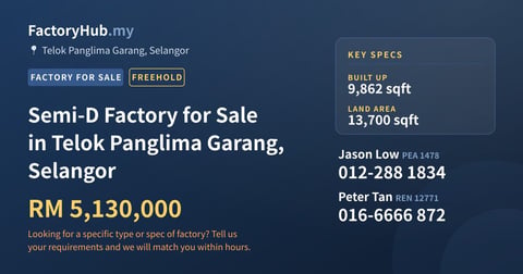 Semi-D Factory for Sale in Telok Panglima Garang, Selangor, 9,862 sqft