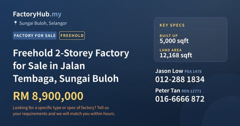 Freehold 2-Storey Factory for Sale in Jalan Tembaga, Sungai Buloh, 5,000 sqft