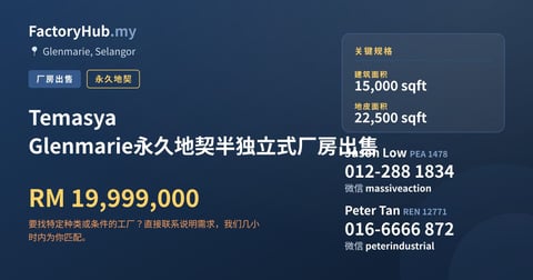 Temasya Glenmarie永久地契半独立式厂房出售，15,000 平方尺