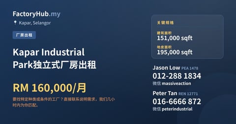 Kapar Industrial Park独立式厂房出租，151,000 平方尺