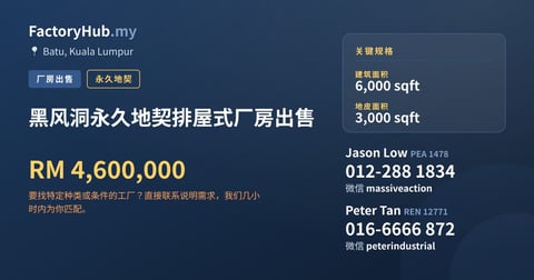 黑风洞永久地契排屋式厂房出售，6,000 平方尺 - Batu, 吉隆坡