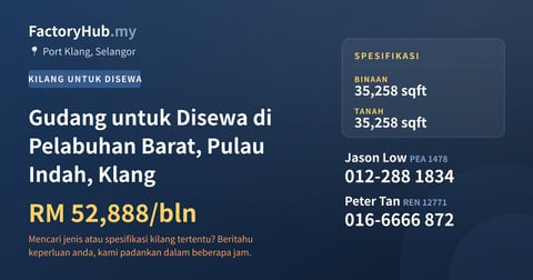 Gudang untuk Disewa di Pelabuhan Barat, Pulau Indah, Klang, 35,258 kaki persegi - Port Klang, Selangor