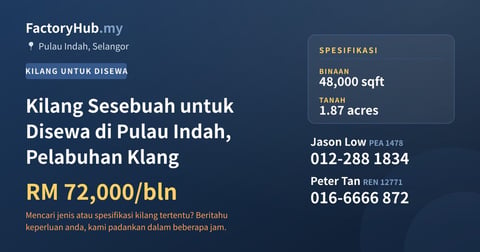 Kilang Sesebuah untuk Disewa di Pulau Indah, Pelabuhan Klang, 48,000 kaki persegi