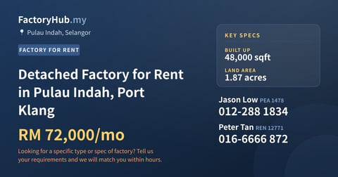Detached Factory for Rent in Pulau Indah, Port Klang, 48,000 sqft