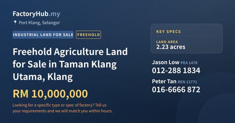 Freehold Agriculture Land for Sale in Taman Klang Utama, Klang, 2.23 acres - Port Klang, Selangor