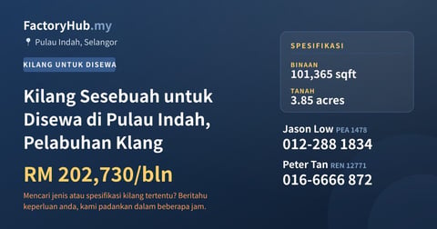 Kilang Sesebuah untuk Disewa di Pulau Indah, Pelabuhan Klang, 101,365 kaki persegi