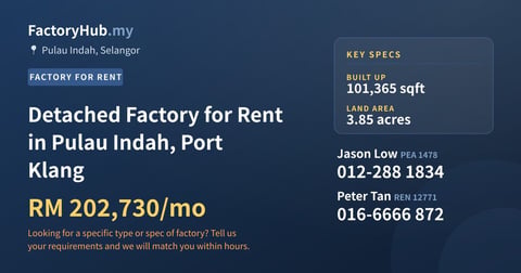 Detached Factory for Rent in Pulau Indah, Port Klang, 101,365 sqft