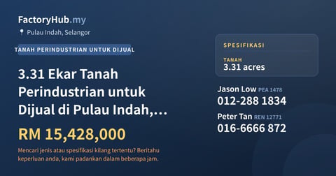 3.31 Ekar Tanah Perindustrian untuk Dijual di Pulau Indah, Pelabuhan