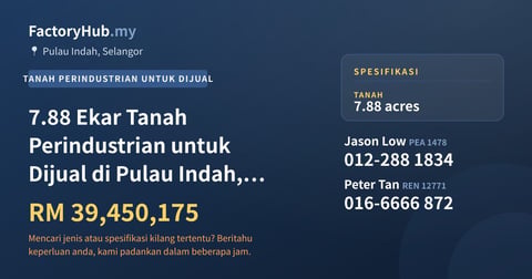 7.88 Ekar Tanah Perindustrian untuk Dijual di Pulau Indah, Pelabuhan