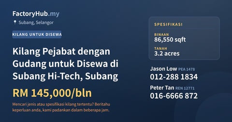 Kilang Pejabat dengan Gudang untuk Disewa di Subang Hi-Tech, Subang, 86,550 kaki persegi