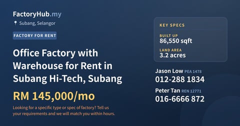 Office Factory with Warehouse for Rent in Subang Hi-Tech, Subang, 86,550 sqft