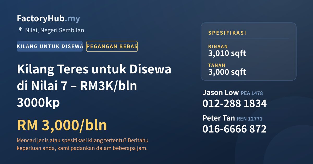 Kilang Untuk Disewa - Kilang Teres untuk Disewa di Nilai 7 – RM3K/bln 3000kp - Nilai, Negeri Sembilan