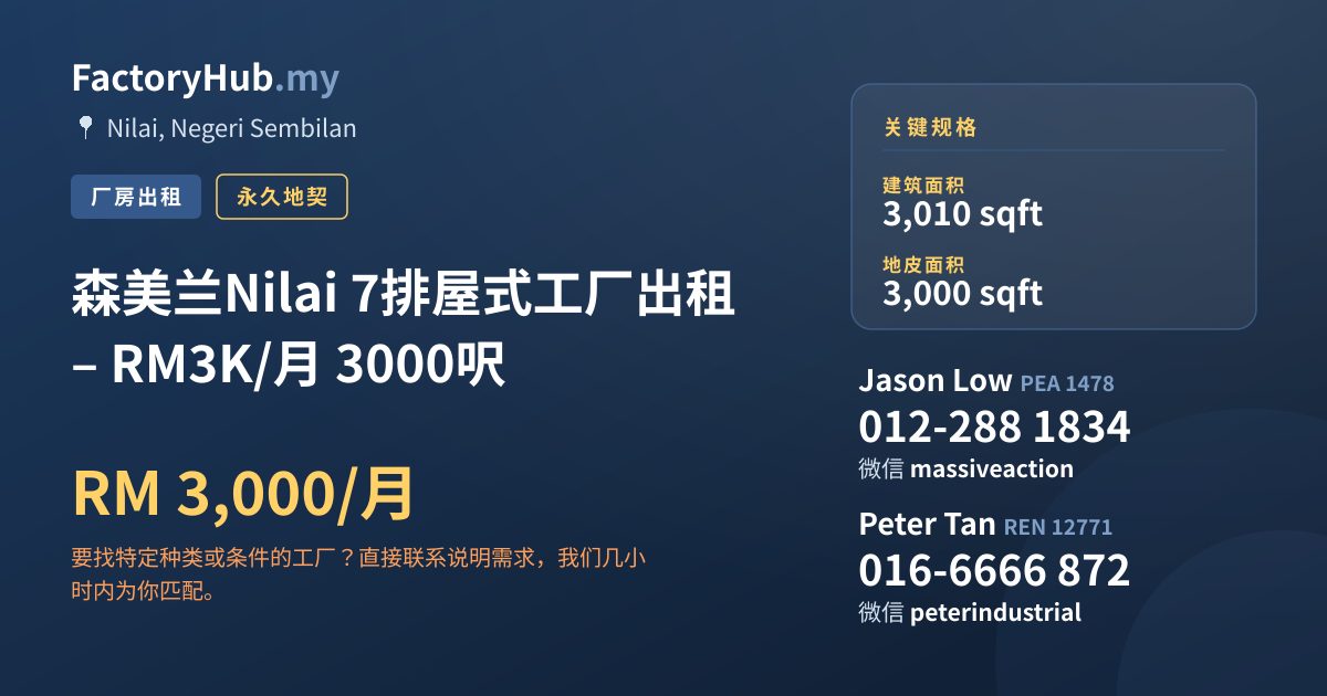 工厂 出租 - 森美兰Nilai 7排屋式工厂出租 – RM3K/月 3000呎 - Nilai, Negeri Sembilan