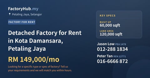 Detached Factory for Rent in Kota Damansara, Petaling Jaya, 60,000 sqft