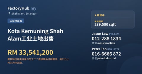 Kota Kemuning Shah Alam工业土地出售，239,580 平方尺