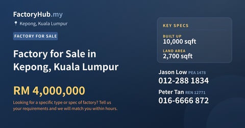 Factory for Sale in Kepong, Kuala Lumpur, 10,000 sqft