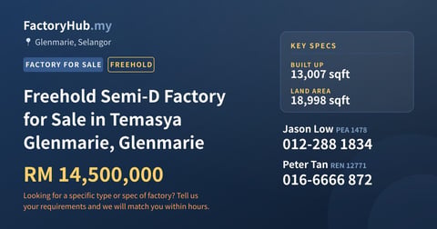 Freehold Semi-D Factory for Sale in Temasya Glenmarie, Glenmarie, 13,007 sqft