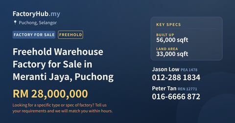 Freehold Warehouse Factory for Sale in Meranti Jaya, Puchong, 56,000 sqft