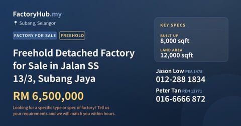 Freehold Detached Factory for Sale in Jalan SS 13/3, Subang Jaya, 8,000 sqft