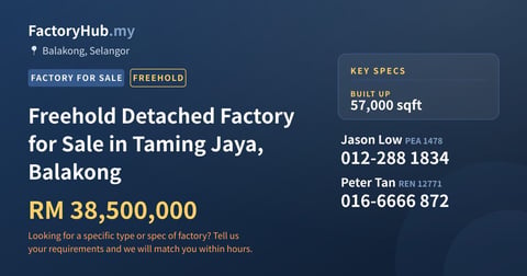 Freehold Detached Factory for Sale in Taming Jaya, Balakong, 57,000 sqft