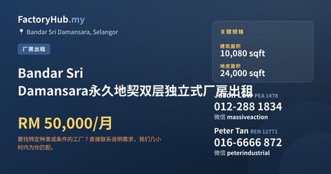 Bandar Sri Damansara永久地契双层独立式厂房出租，10,080 平方尺