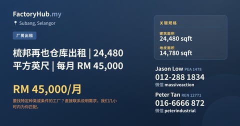 工厂 出租 - 梳邦再也仓库出租 | 24,480 平方英尺 | 每月 RM 45,000 - Subang, Selangor