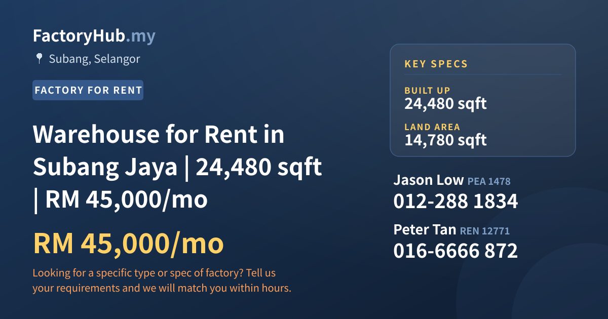 Factory For Rent - Warehouse for Rent in Subang Jaya | 24,480 sqft | RM 45,000/mo - Subang, Selangor
