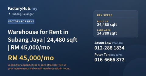 Factory For Rent - Warehouse for Rent in Subang Jaya | 24,480 sqft | RM 45,000/mo - Subang, Selangor