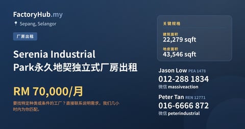 Serenia Industrial Park永久地契独立式厂房出租，22,279 平方尺 - 雪邦, 雪兰莪