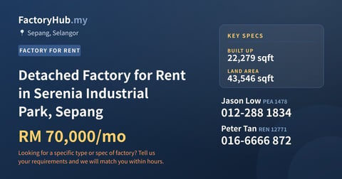 Detached Factory for Rent in Serenia Industrial Park, Sepang, 22,279 sqft
