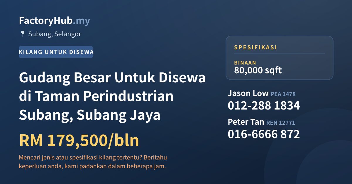Kilang Untuk Disewa - Gudang Besar Untuk Disewa di Taman Perindustrian Subang, Subang Jaya - Subang, Selangor