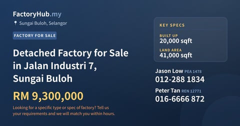 Detached Factory for Sale in Jalan Industri 7, Sungai Buloh, 20,000 sqft