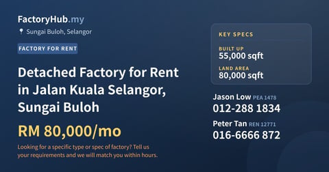 Detached Factory for Rent in Jalan Kuala Selangor, Sungai Buloh, 55,000 sqft