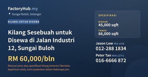 Kilang Sesebuah untuk Disewa di Jalan Industri 12, Sungai Buloh, 45,000 kaki persegi